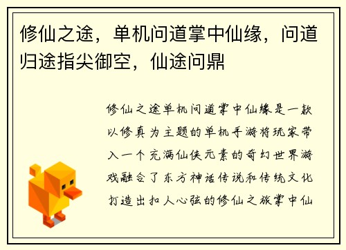 修仙之途，单机问道掌中仙缘，问道归途指尖御空，仙途问鼎
